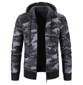 Men's Camouflage Print Full-Zip Hooded Fleece Sweater (Color: Gray, size: S)