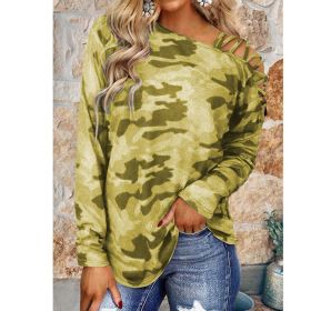 autumn and winter new women's tops off-shoulder camouflage print loose long-sleeved t-shirt (Color: Yellow, size: L)