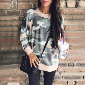 autumn and winter women's fashion print round neck long-sleeved camouflage hoodie (Color: Blue, size: XXXL)