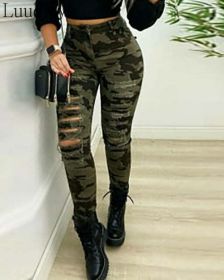 Fashion Camouflage Print Cutout Women's High Waist Pants (Color: Army Green, size: XXL)